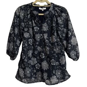 EMILY DANIELS Blouse Womens Small Dark Floral Paisley Smocked V-Neck Elegant